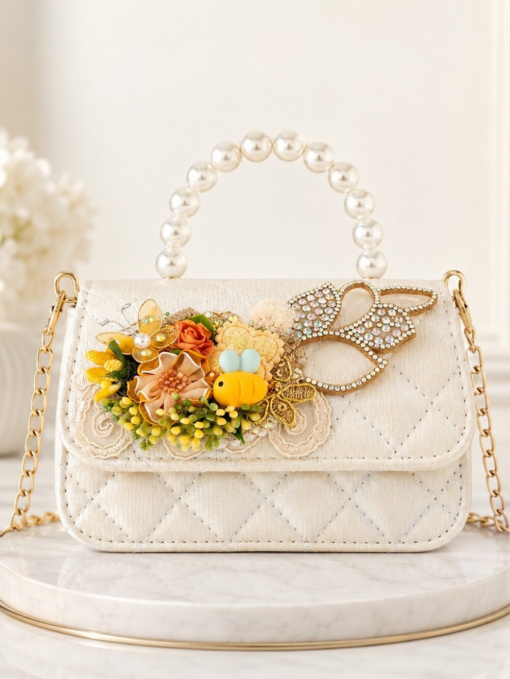 Handcrafted Pearl Beaded Quilted Mini Bag🎀